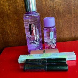 Clinique set of take off makeup remover, eyeliner, mascara & lipstick.